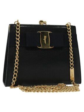 Authentic Salvatore Ferragamo Vala Chain Shoulder Bag Leather Navy Gold